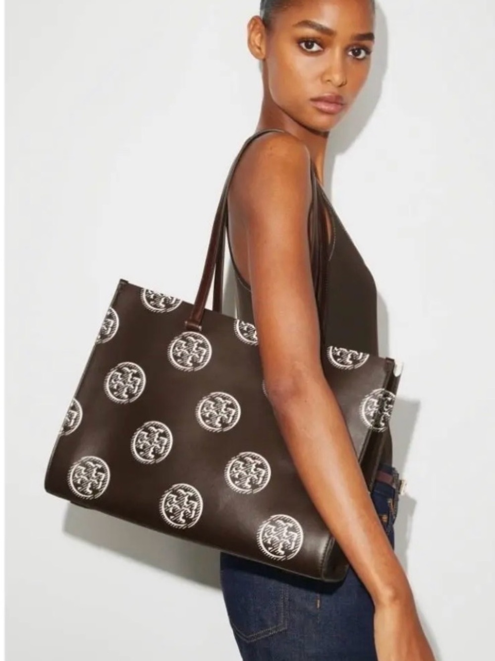Tory Burch T Monogram contrast embossed tote in Chocolate